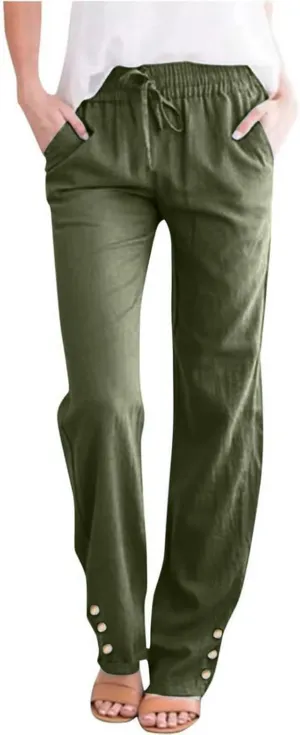 Linen Pants Women Elastic Waist Straight Leg Drawstring Light Weight Capri Pants Casual Summer Work Pants Trousers
