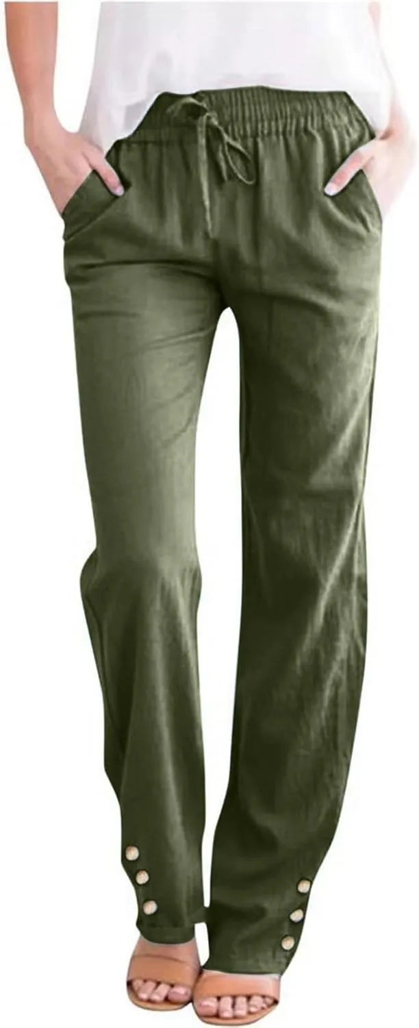 Linen Pants Women Elastic Waist Straight Leg Drawstring Light Weight Capri Pants Casual Summer Work Pants Trousers