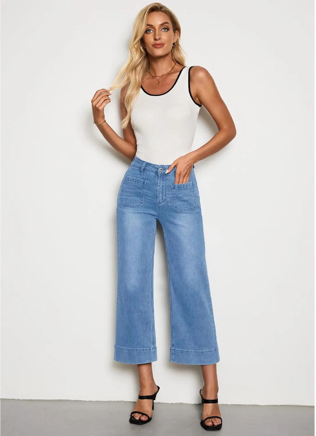LookbookStore Wide Leg Cropped Jeans for Women High Waisted Stretchy Denim Jean Pants Baggy Flare Trouser Jeans Pockets