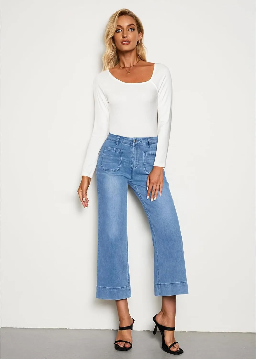 LookbookStore Wide Leg Cropped Jeans for Women High Waisted Stretchy Denim Jean Pants Baggy Flare Trouser Jeans Pockets