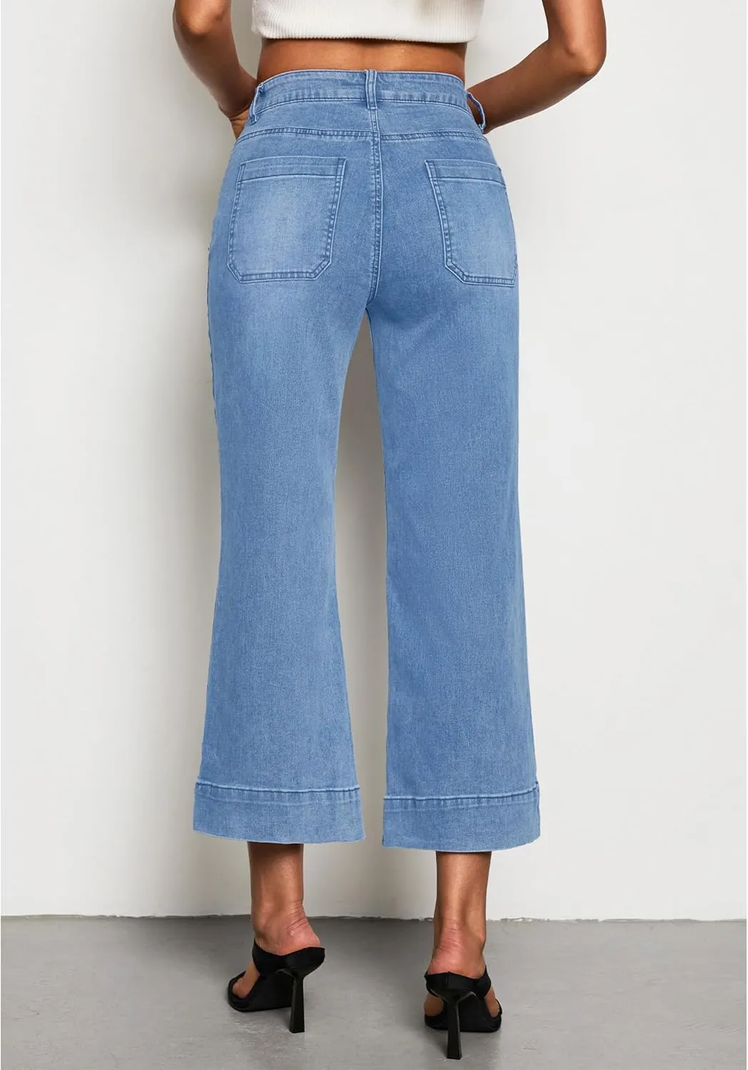 LookbookStore Wide Leg Cropped Jeans for Women High Waisted Stretchy Denim Jean Pants Baggy Flare Trouser Jeans Pockets