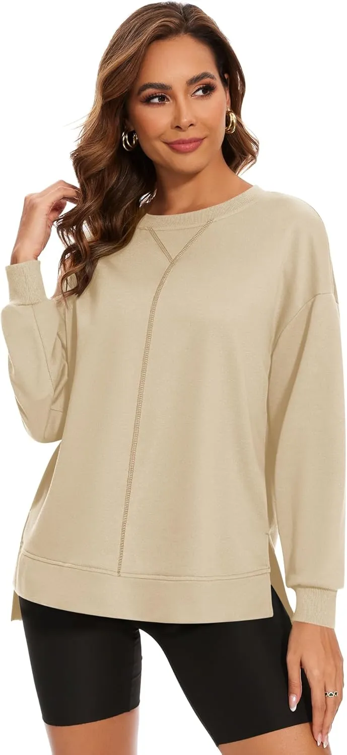 LUYAA Women's Casual Sweatshirts Oversized Crew Neck Pullover Tops Long Sleeve Fall Side Slit Clothes