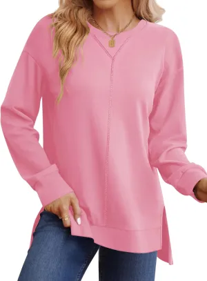 LUYAA Women's Casual Sweatshirts Oversized Crew Neck Pullover Tops Long Sleeve Fall Side Slit Clothes