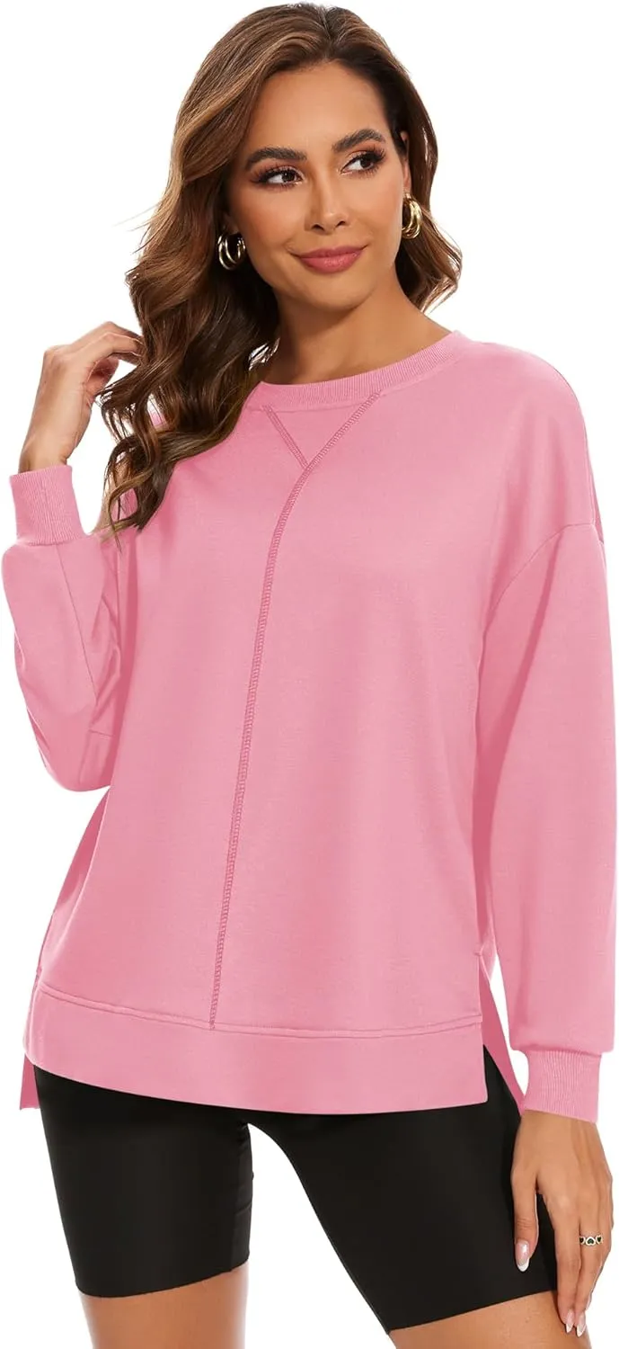 LUYAA Women's Casual Sweatshirts Oversized Crew Neck Pullover Tops Long Sleeve Fall Side Slit Clothes