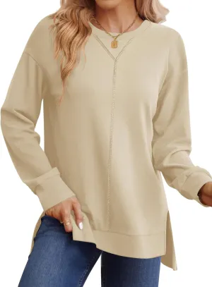 LUYAA Women's Casual Sweatshirts Oversized Crew Neck Pullover Tops Long Sleeve Fall Side Slit Clothes