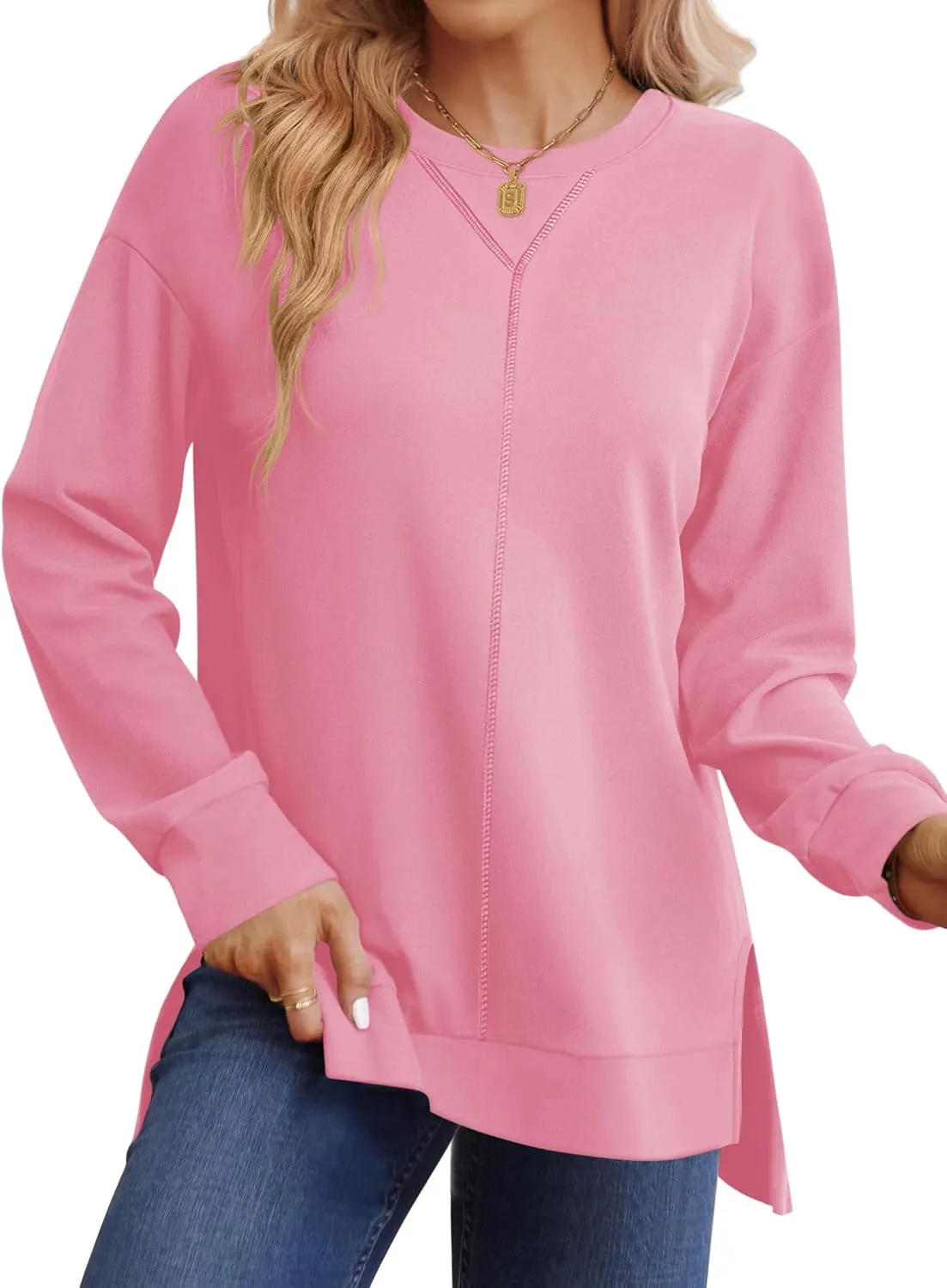 LUYAA Women's Casual Sweatshirts Oversized Crew Neck Pullover Tops Long Sleeve Fall Side Slit Clothes