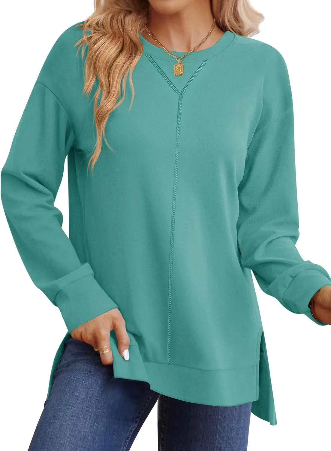 LUYAA Women's Casual Sweatshirts Oversized Crew Neck Pullover Tops Long Sleeve Fall Side Slit Clothes