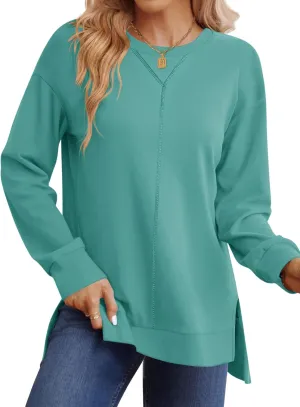 LUYAA Women's Casual Sweatshirts Oversized Crew Neck Pullover Tops Long Sleeve Fall Side Slit Clothes