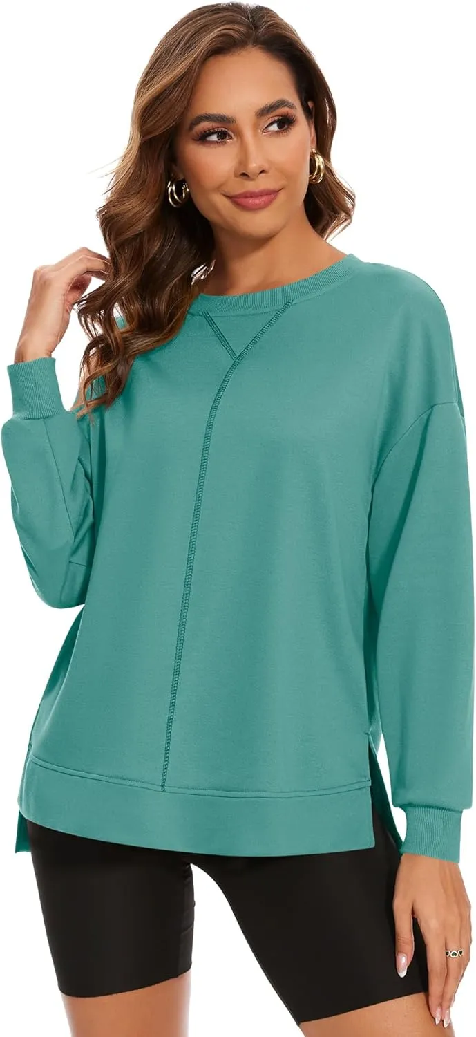 LUYAA Women's Casual Sweatshirts Oversized Crew Neck Pullover Tops Long Sleeve Fall Side Slit Clothes