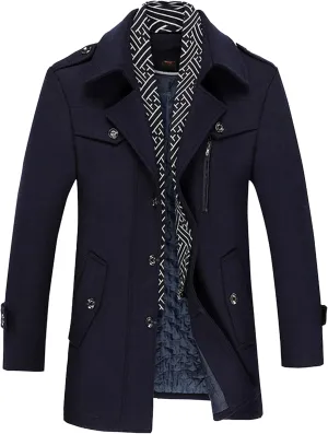 Maiyifu-GJ Men Stylish Scarf Single Breasted Wool Blend Coat Thick Winter Warm Slim Fit Coat Business Top Trench Overcoat