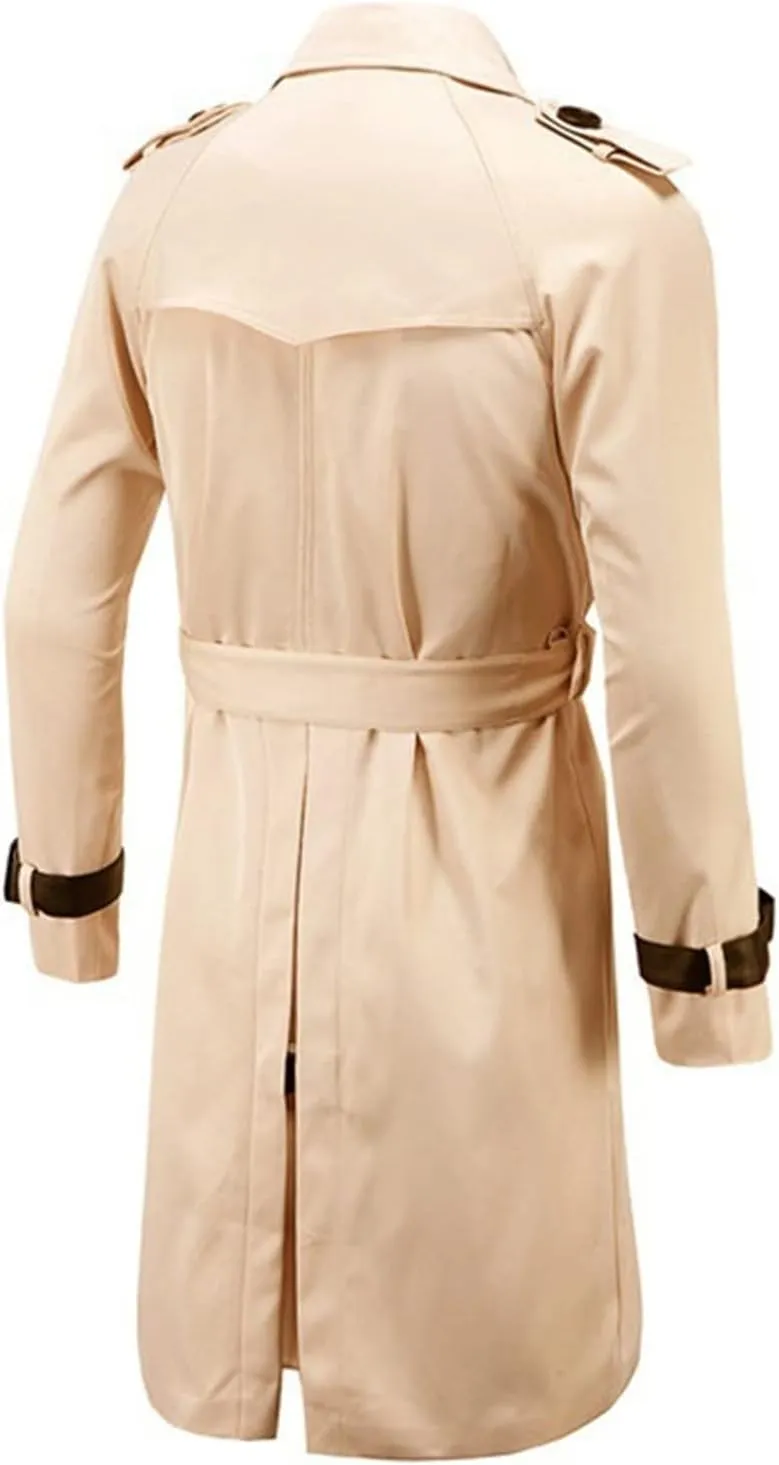 Maiyifu-GJ Men's Double Breasted Trench Coat Stylish Slim Fit Mid Long Belted Windbreaker Lapel Military Jacket with Belt