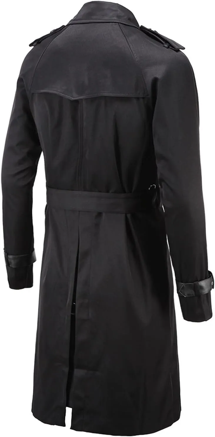 Maiyifu-GJ Men's Double Breasted Trench Coat Stylish Slim Fit Mid Long Belted Windbreaker Lapel Military Jacket with Belt