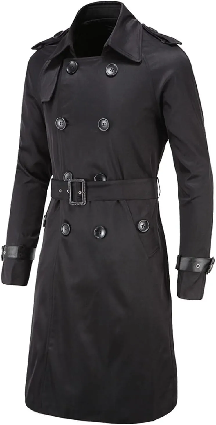 Maiyifu-GJ Men's Double Breasted Trench Coat Stylish Slim Fit Mid Long Belted Windbreaker Lapel Military Jacket with Belt