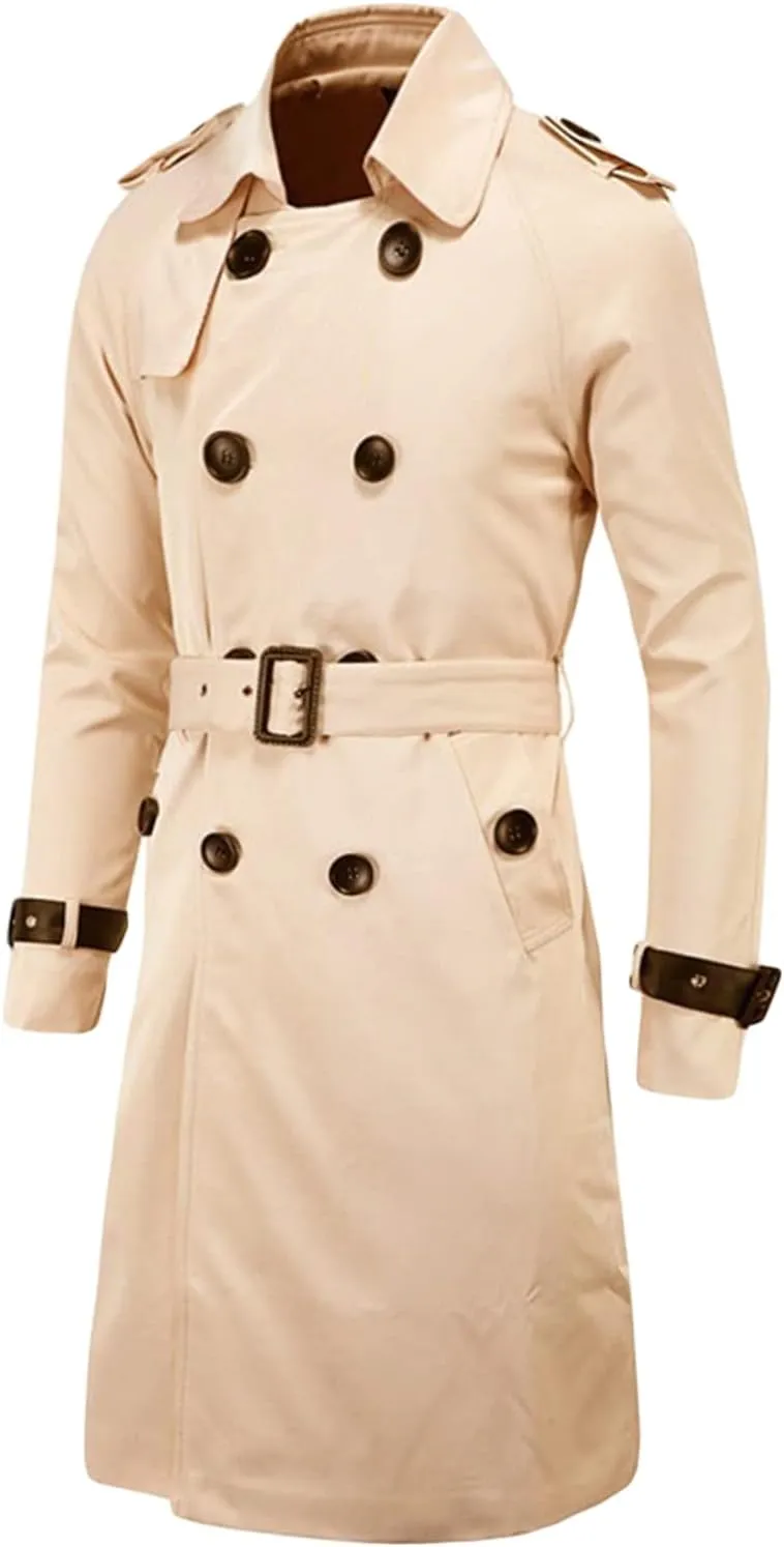 Maiyifu-GJ Men's Double Breasted Trench Coat Stylish Slim Fit Mid Long Belted Windbreaker Lapel Military Jacket with Belt