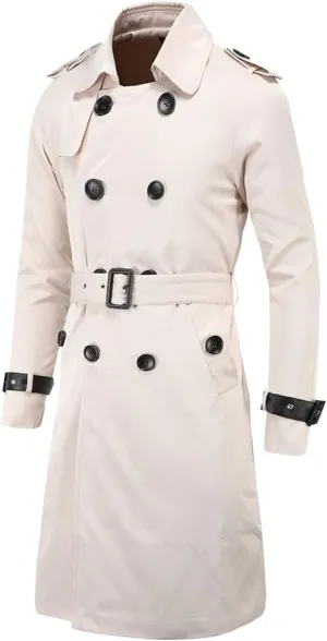 Maiyifu-GJ Men's Double Breasted Trench Coat Stylish Slim Fit Mid Long Belted Windbreaker Lapel Military Jacket with Belt