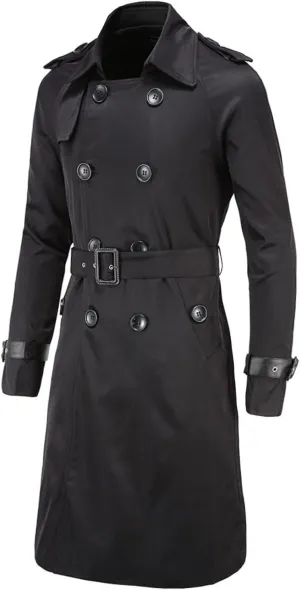 Maiyifu-GJ Men's Double Breasted Trench Coat Stylish Slim Fit Mid Long Belted Windbreaker Lapel Military Jacket with Belt