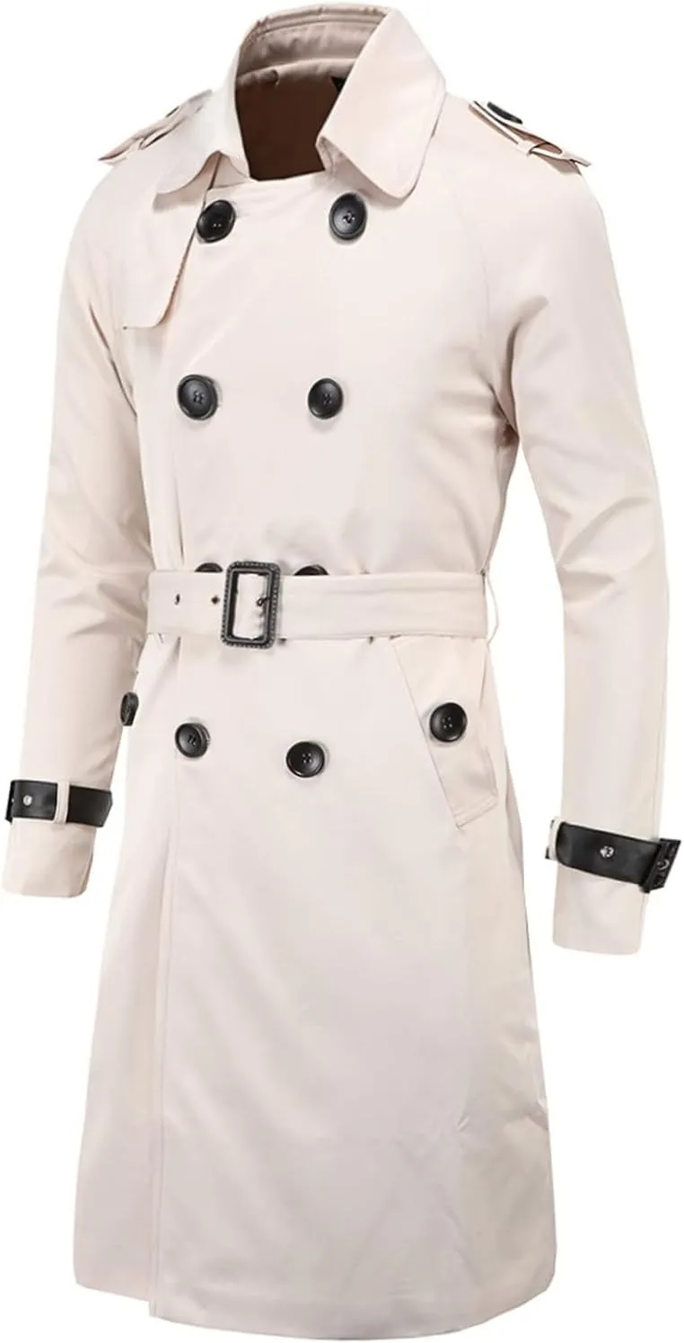 Maiyifu-GJ Men's Double Breasted Trench Coat Stylish Slim Fit Mid Long Belted Windbreaker Lapel Military Jacket with Belt