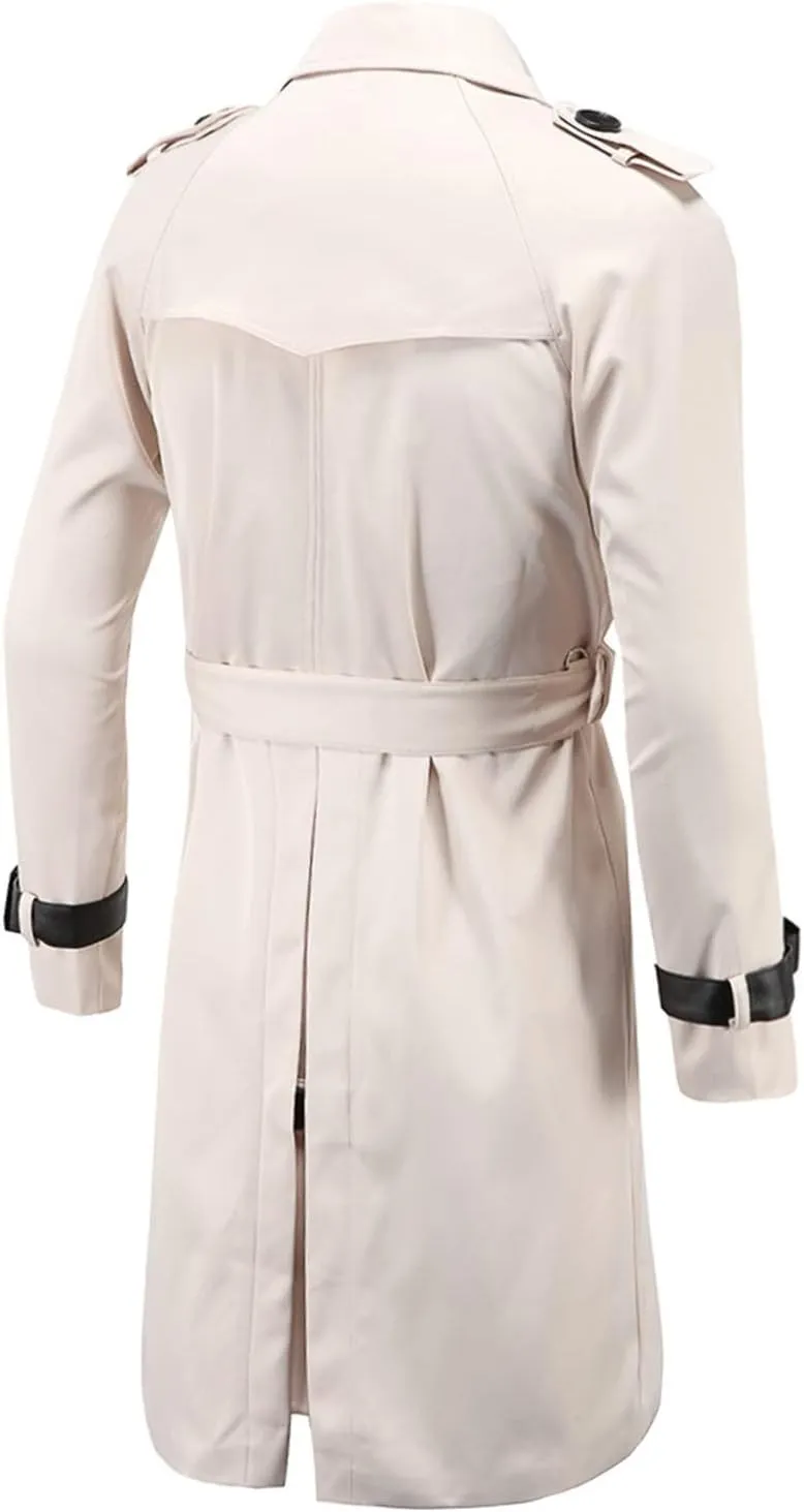 Maiyifu-GJ Men's Double Breasted Trench Coat Stylish Slim Fit Mid Long Belted Windbreaker Lapel Military Jacket with Belt