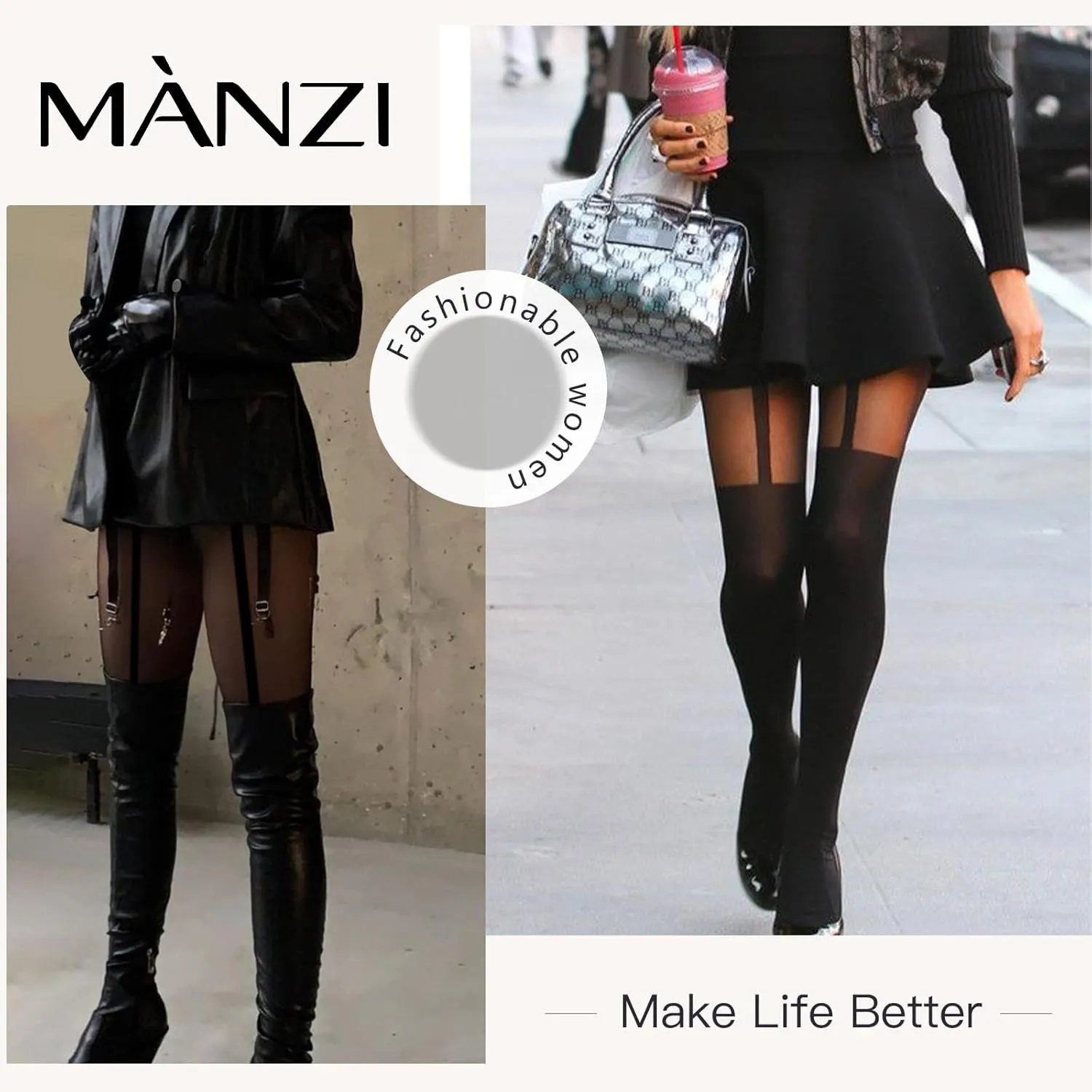 MANZI Mock Suspender Pantyhose for Women Faux Thigh High Stockings Black Over the Knee Goth Sparkly Tights