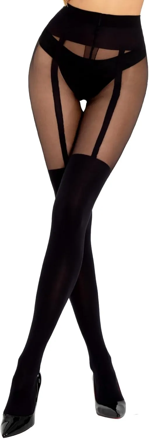 MANZI Mock Suspender Pantyhose for Women Faux Thigh High Stockings Black Over the Knee Goth Sparkly Tights