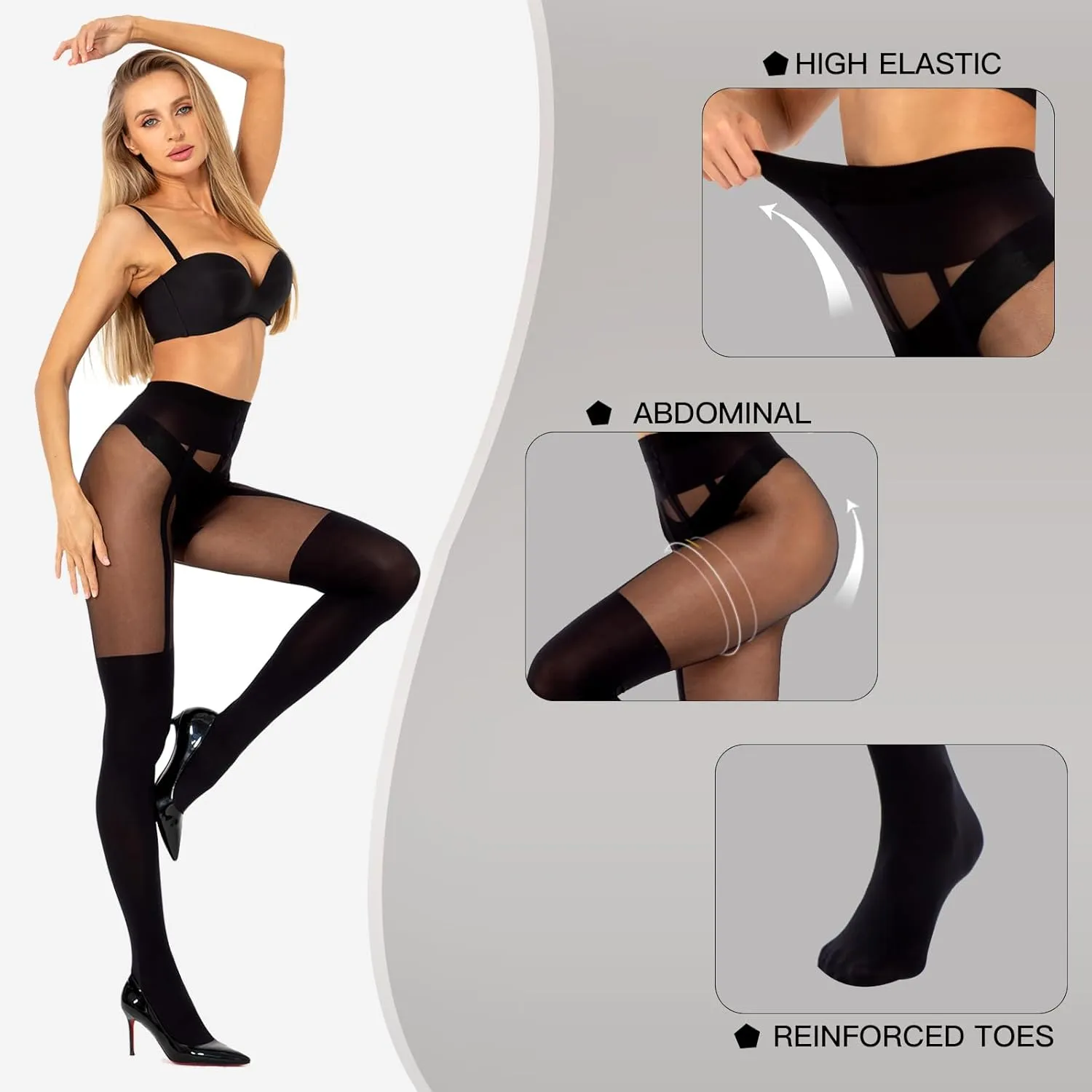 MANZI Mock Suspender Pantyhose for Women Faux Thigh High Stockings Black Over the Knee Goth Sparkly Tights