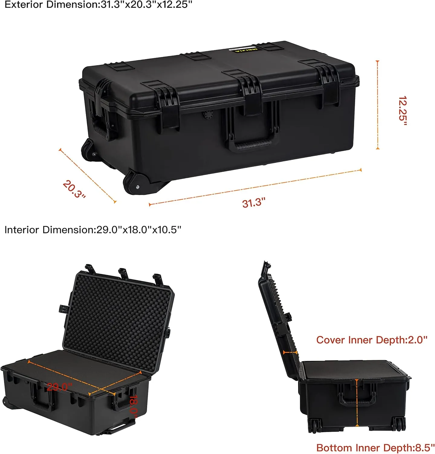 MEIJIA Portable All Weather Waterproof Camera Case,Customizable Fit Foam with Rolling Wheels and Retractable Pull Handle,31.3"X20.3"X12.25"