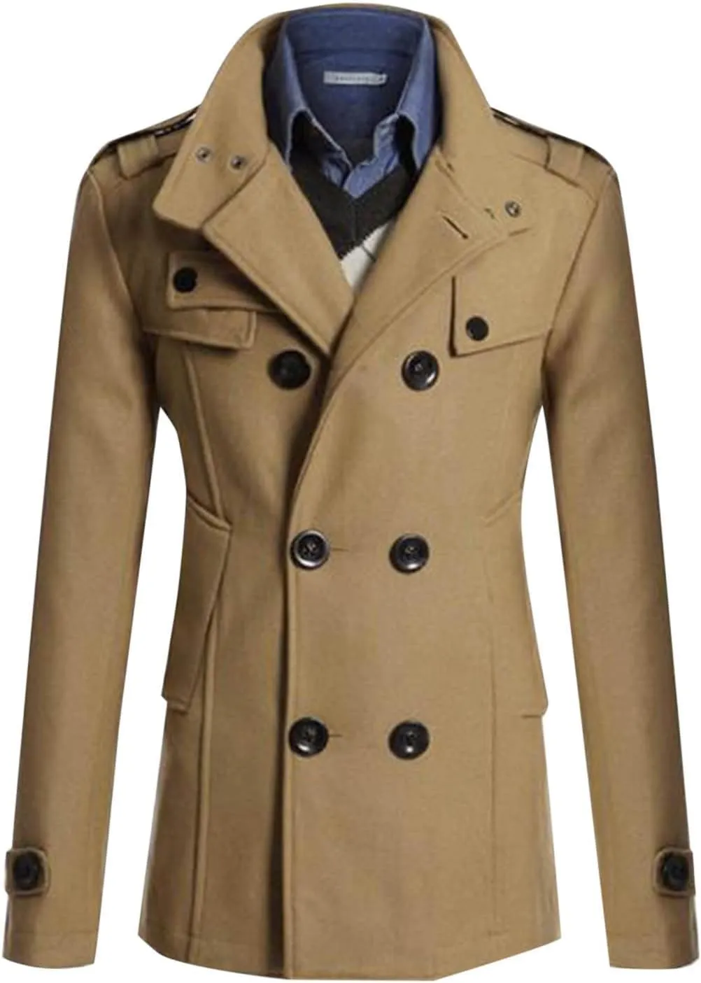 Men's Double Breasted Pea Coat Stylish Casual Wool Blend Trench Coats Slim Fit Lapel Business Jacket Outerwear
