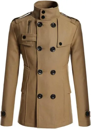 Men's Double Breasted Pea Coat Stylish Casual Wool Blend Trench Coats Slim Fit Lapel Business Jacket Outerwear