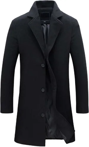 Mens Double Breasted Trench Coat Notched Collar Long Jacket Wool Blend Pea Coat Smart Casual Business Overcoat Big&Tall