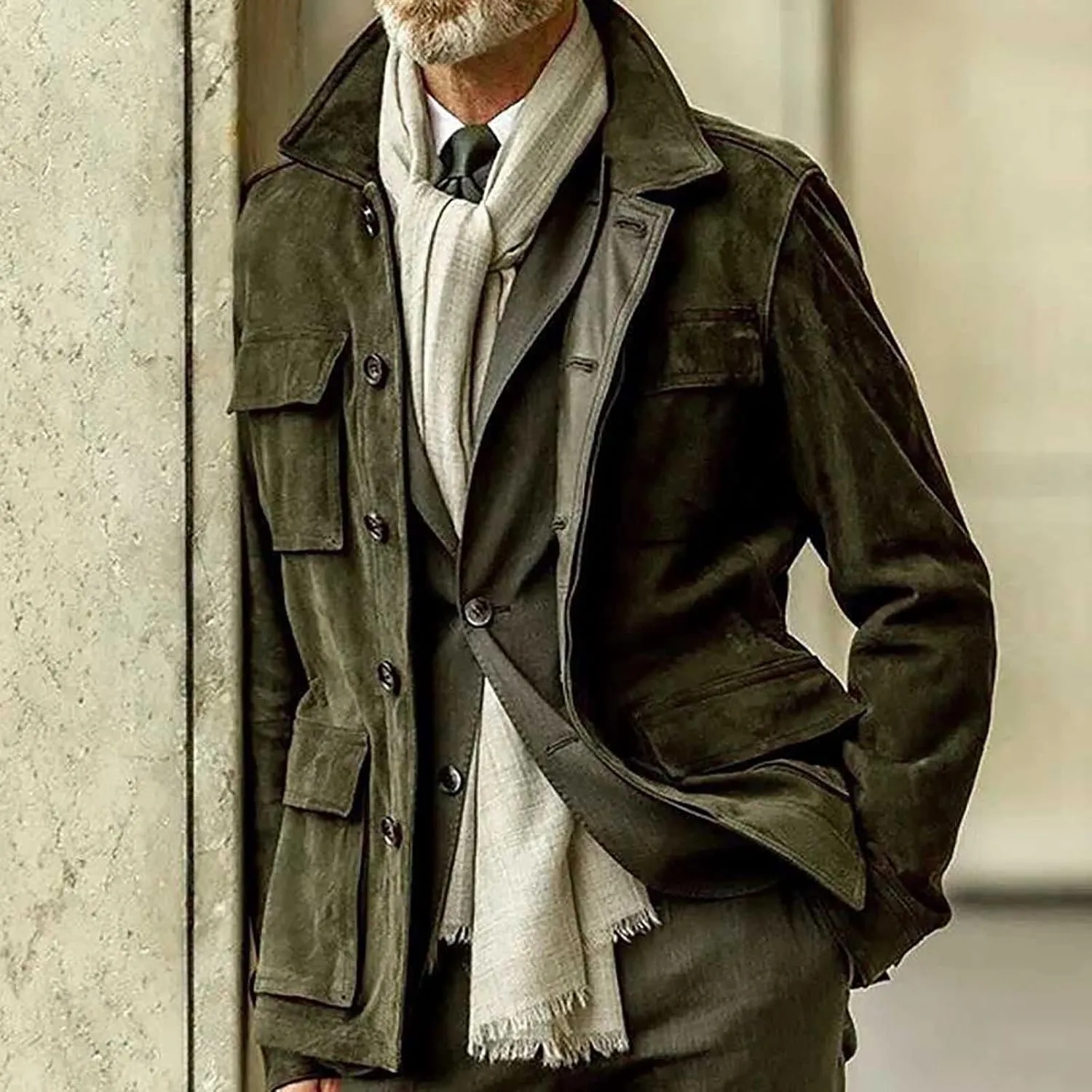 Mens Faux Suede Leather Jacket Single Breasted Button Down Solid Lapel Neck Outerwear Coat with Pocket for Wedding Prom