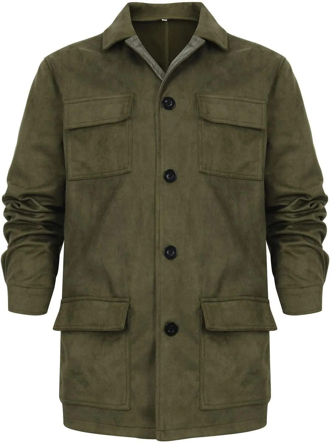 Mens Faux Suede Leather Jacket Single Breasted Button Down Solid Lapel Neck Outerwear Coat with Pocket for Wedding Prom