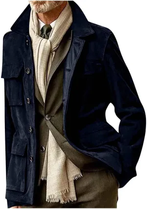 Mens Faux Suede Leather Jacket Single Breasted Button Down Solid Lapel Neck Outerwear Coat with Pocket for Wedding Prom