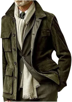 Mens Faux Suede Leather Jacket Single Breasted Button Down Solid Lapel Neck Outerwear Coat with Pocket for Wedding Prom