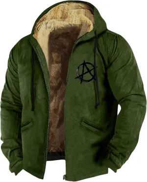 Mens Flag Print Jacket Fuzzy Sherpa Long Sleeve Fleece Zip Up Outdoor Thick Varsity Coat M-7XL