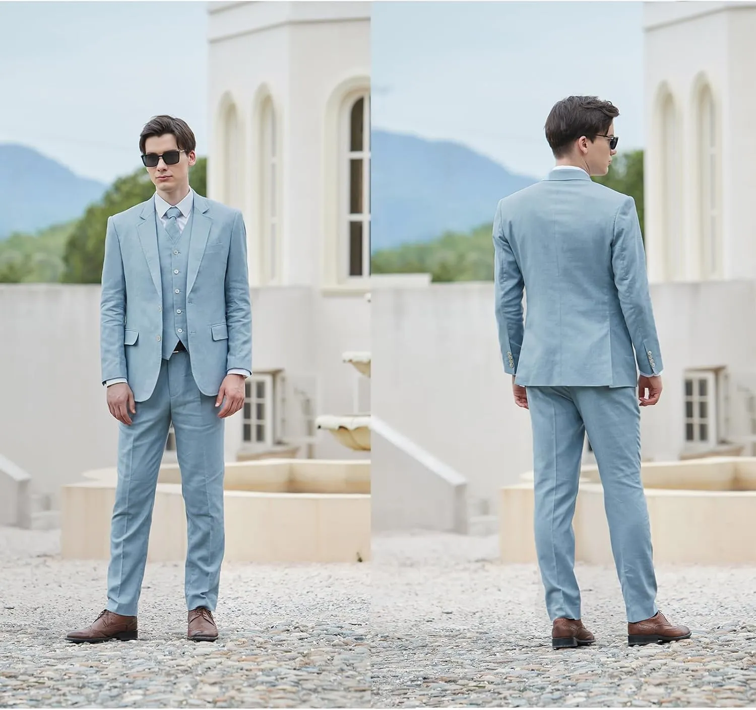 Men's herringbone Linen Suits Beach Wedding Tuxedo Summer Slim Fit Light Weight 3 Pieces