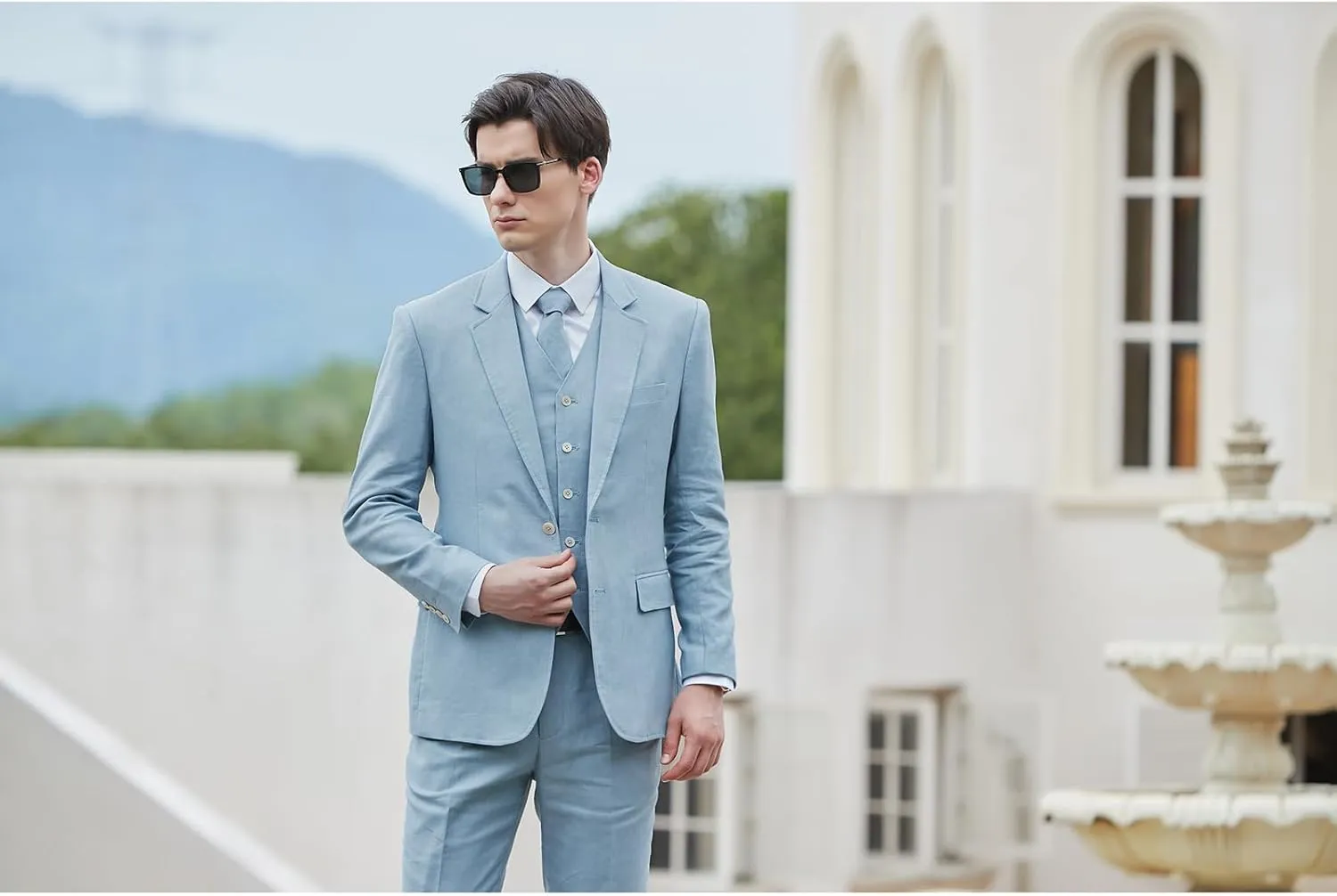 Men's herringbone Linen Suits Beach Wedding Tuxedo Summer Slim Fit Light Weight 3 Pieces