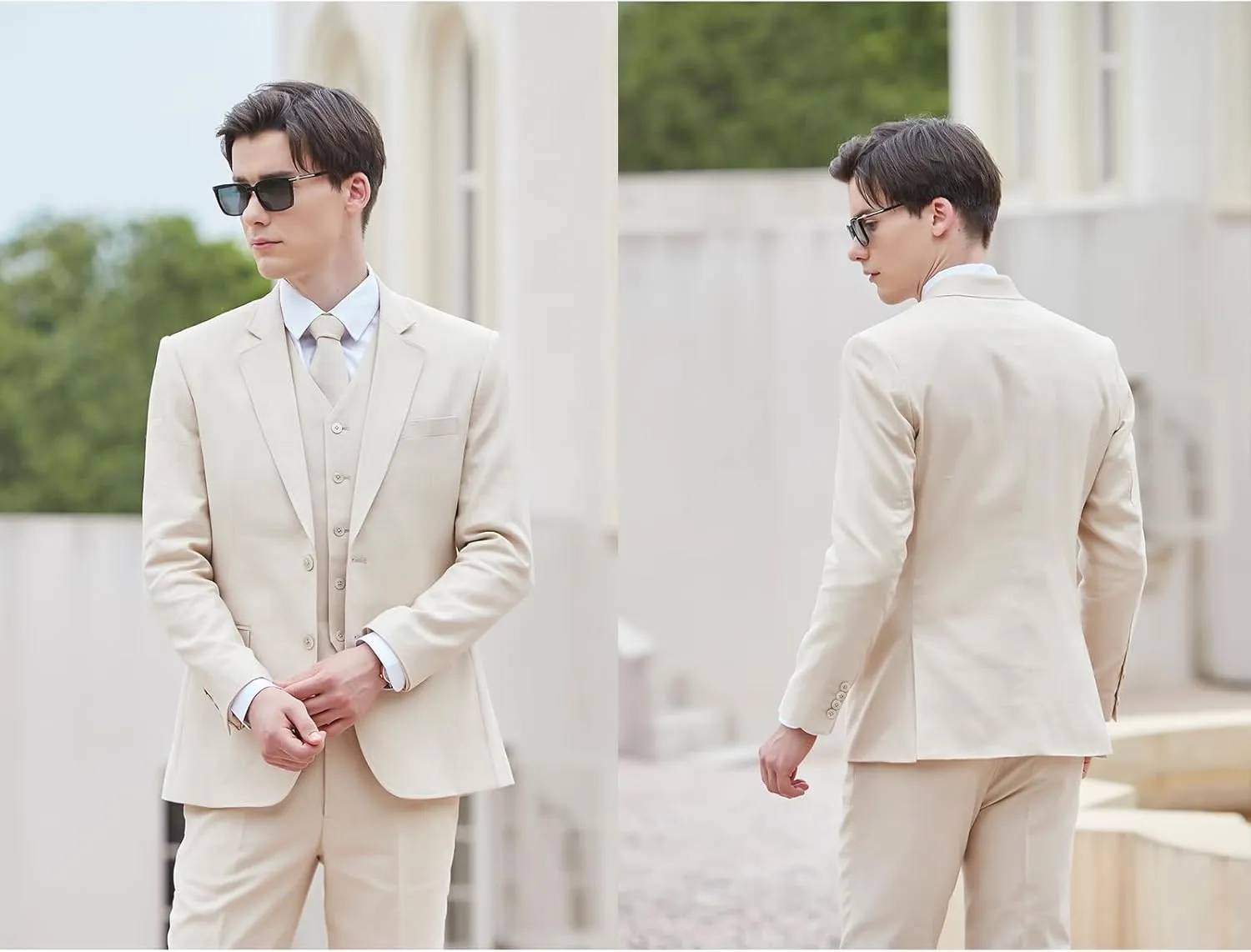 Men's herringbone Linen Suits Beach Wedding Tuxedo Summer Slim Fit Light Weight 3 Pieces