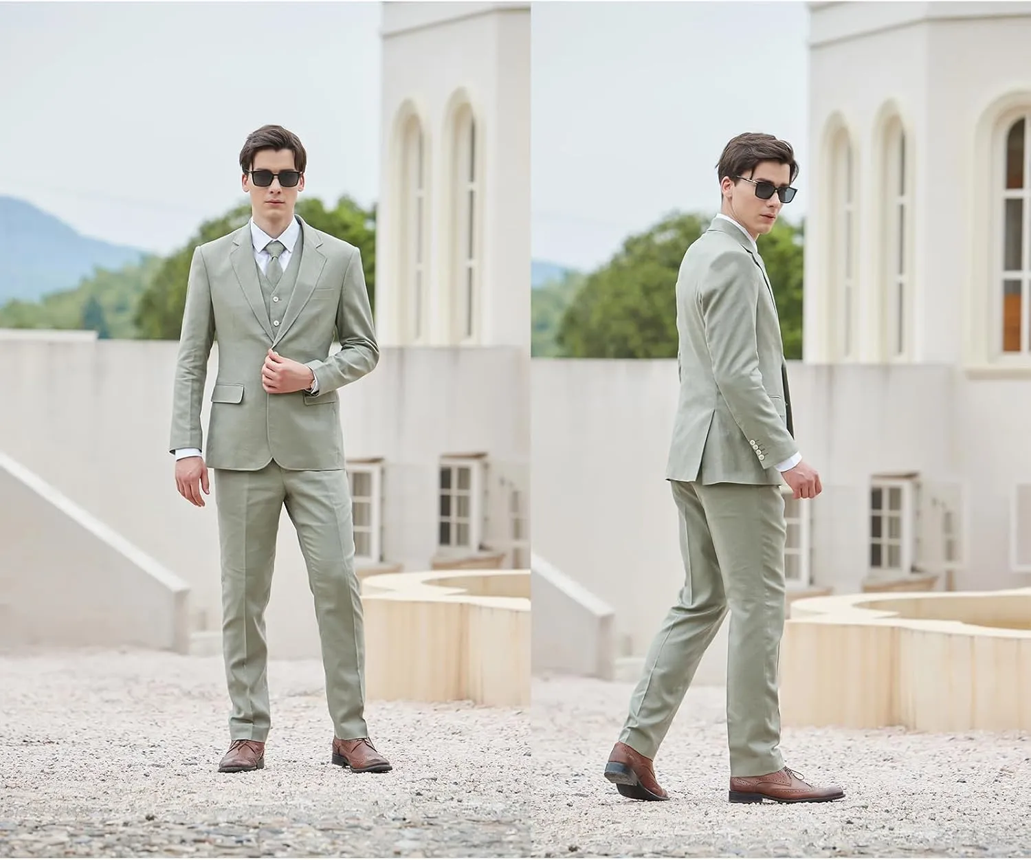 Men's herringbone Linen Suits Beach Wedding Tuxedo Summer Slim Fit Light Weight 3 Pieces