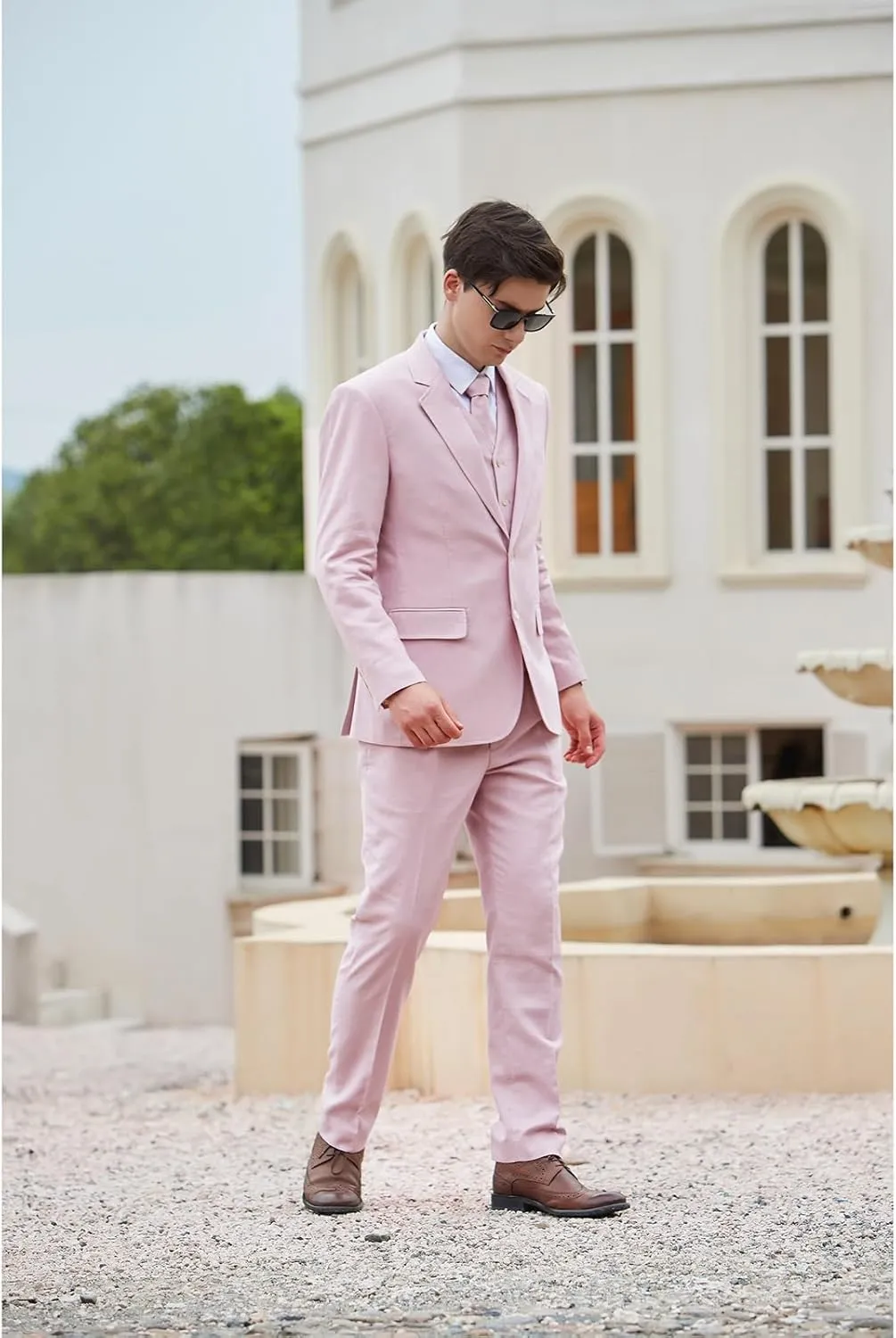Men's herringbone Linen Suits Beach Wedding Tuxedo Summer Slim Fit Light Weight 3 Pieces