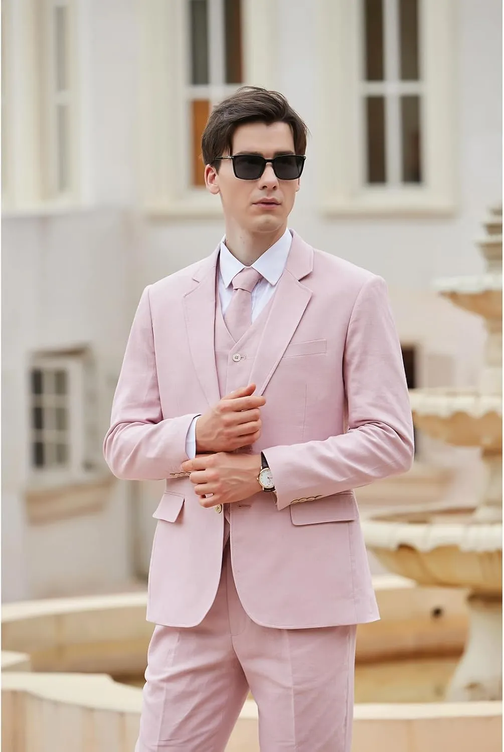 Men's herringbone Linen Suits Beach Wedding Tuxedo Summer Slim Fit Light Weight 3 Pieces