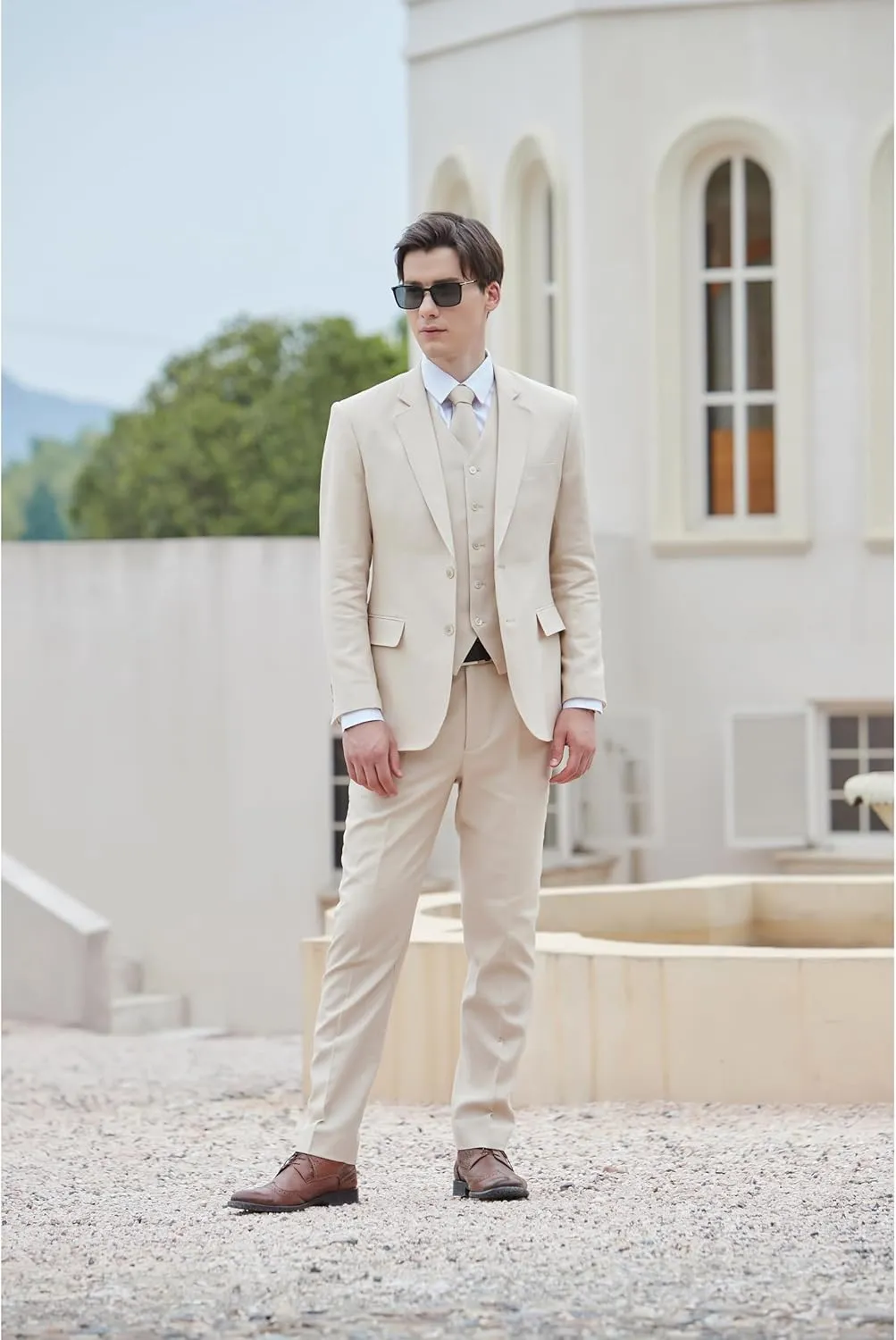 Men's herringbone Linen Suits Beach Wedding Tuxedo Summer Slim Fit Light Weight 3 Pieces