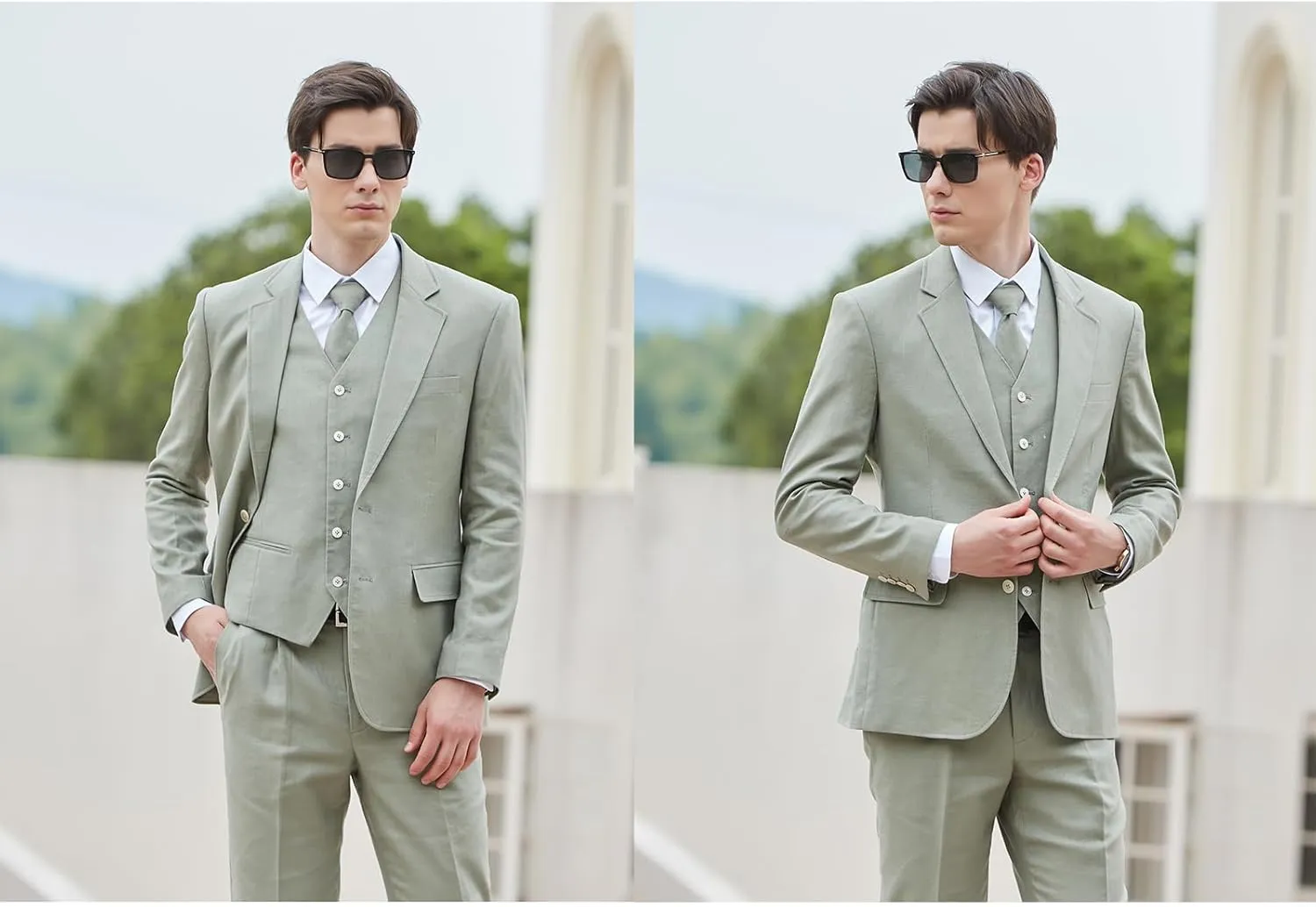 Men's herringbone Linen Suits Beach Wedding Tuxedo Summer Slim Fit Light Weight 3 Pieces