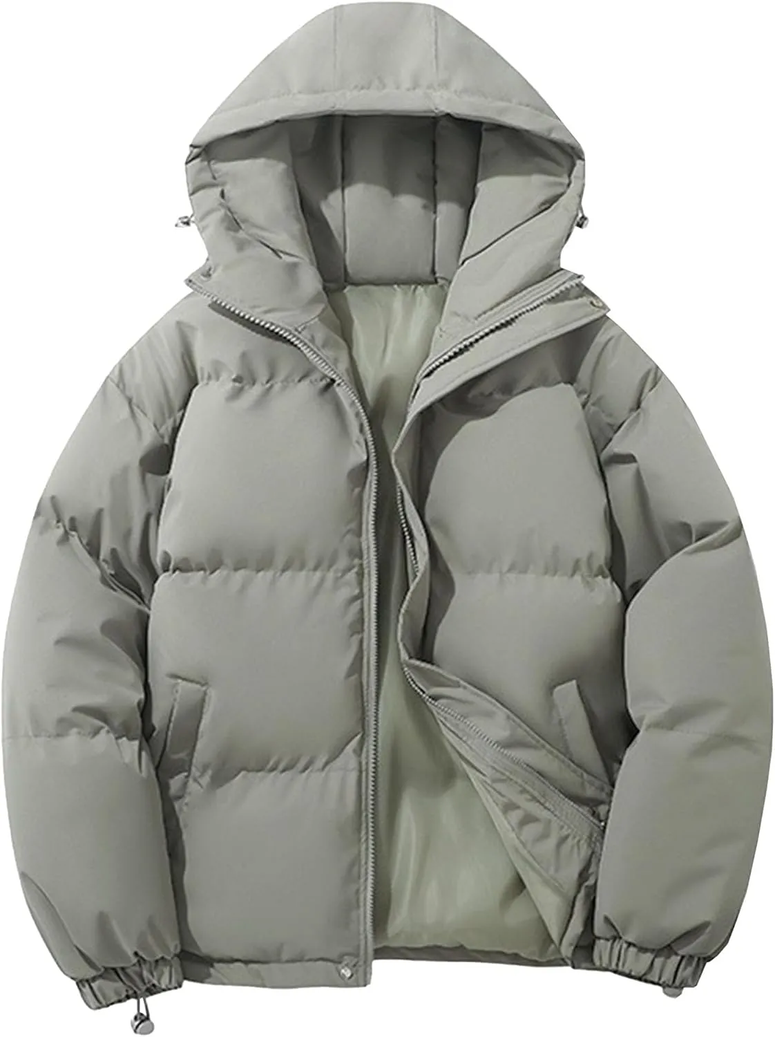 Mens High Neck Hooded Zipper Parka Casual Warm Fashion Puffer Jacket Stylish Design Cotton-Padded Coat