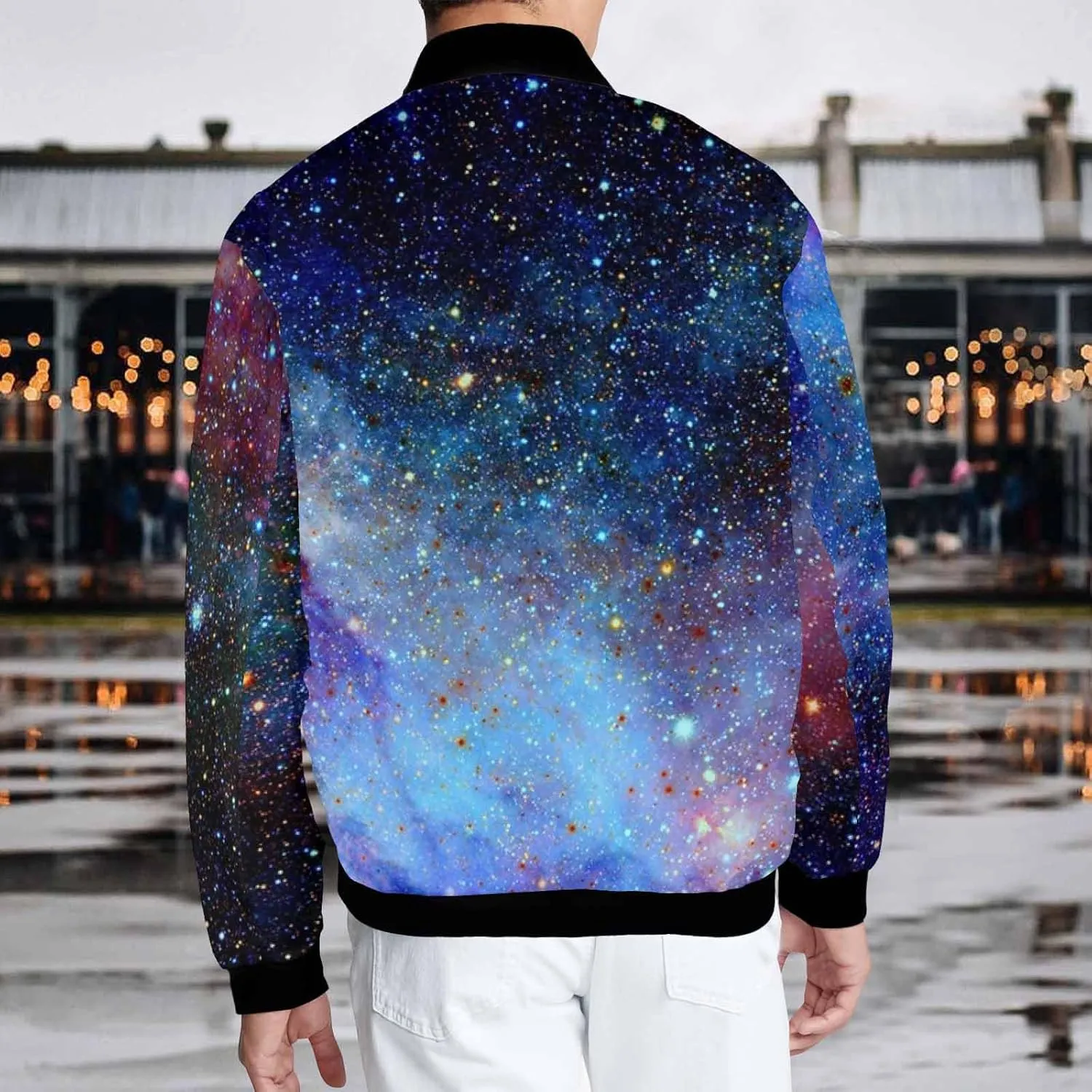 Mens Light Jacket Space Pattern with Planets and Stars Varsity Bomber Jackets for Men Graphic Print Fashion Coats