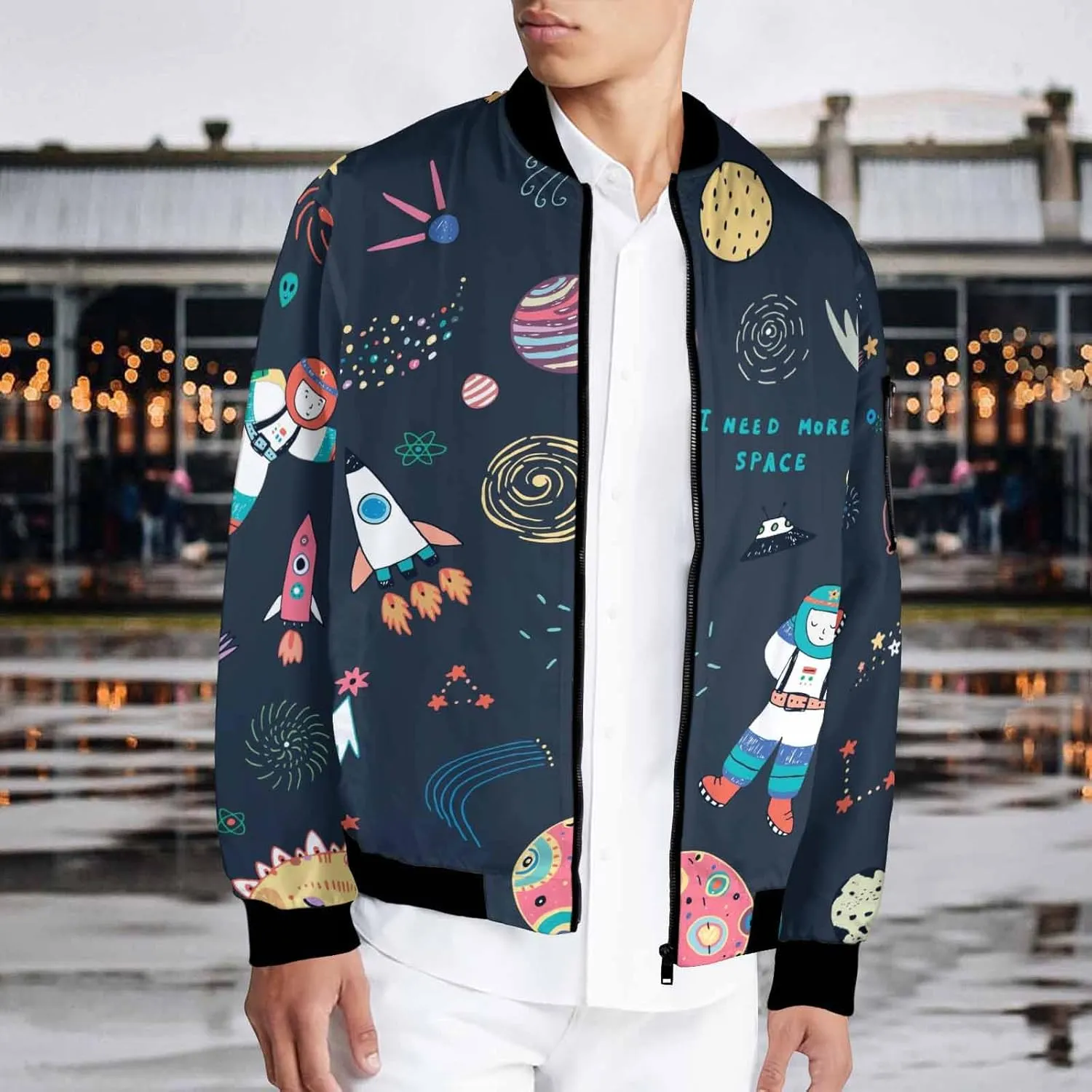Mens Light Jacket Space Pattern with Planets and Stars Varsity Bomber Jackets for Men Graphic Print Fashion Coats