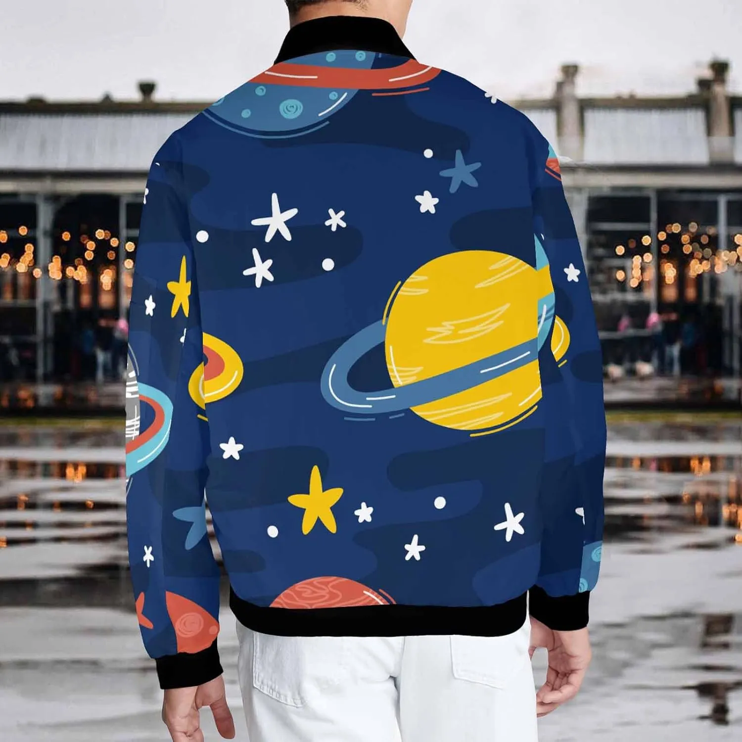 Mens Light Jacket Space Pattern with Planets and Stars Varsity Bomber Jackets for Men Graphic Print Fashion Coats