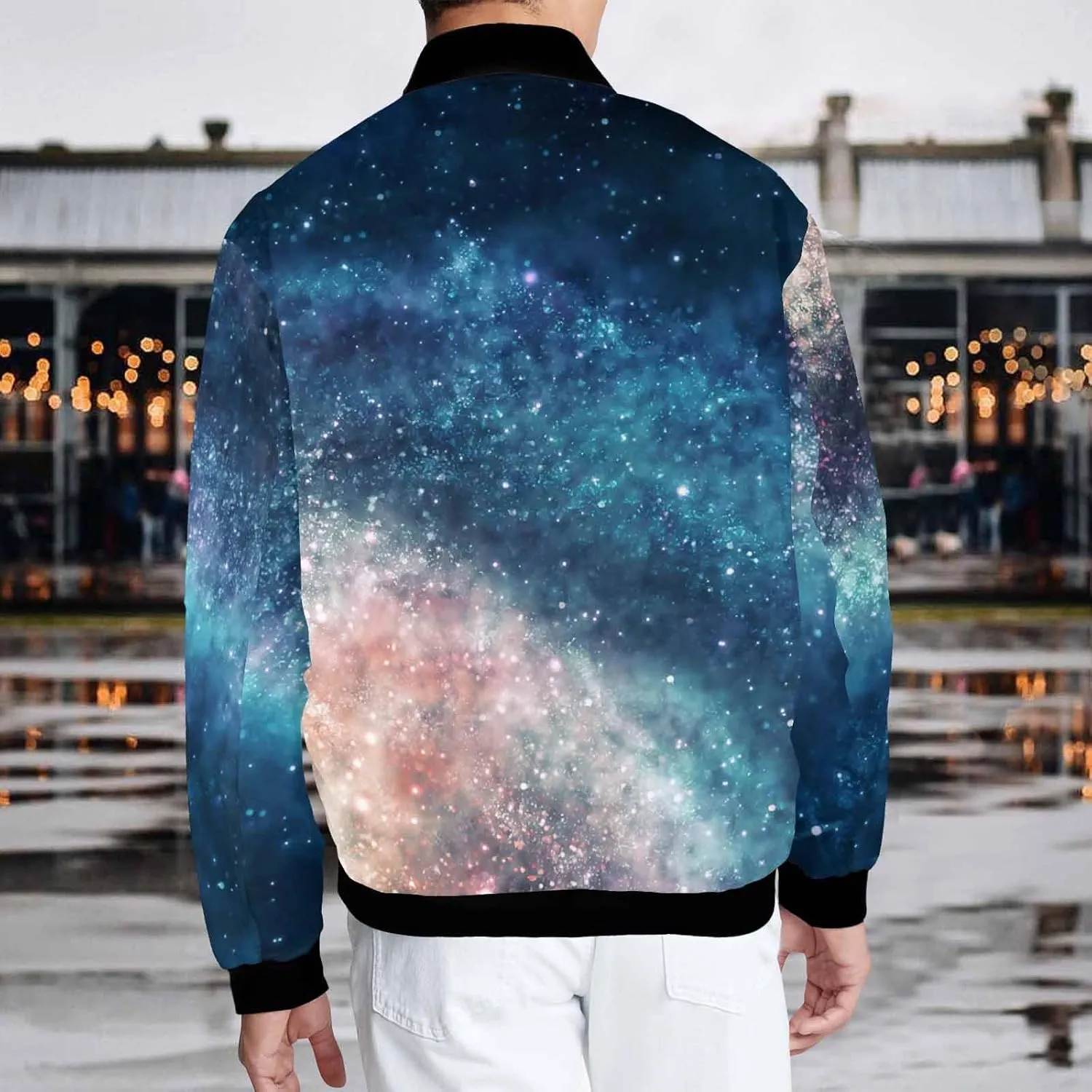Mens Light Jacket Space Pattern with Planets and Stars Varsity Bomber Jackets for Men Graphic Print Fashion Coats