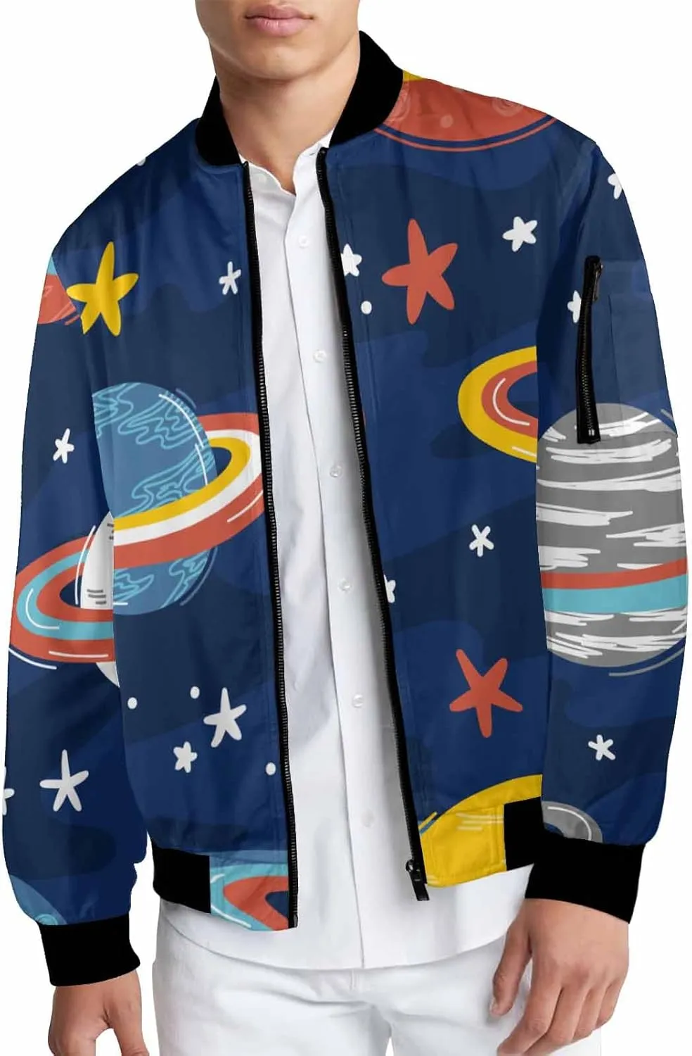 Mens Light Jacket Space Pattern with Planets and Stars Varsity Bomber Jackets for Men Graphic Print Fashion Coats
