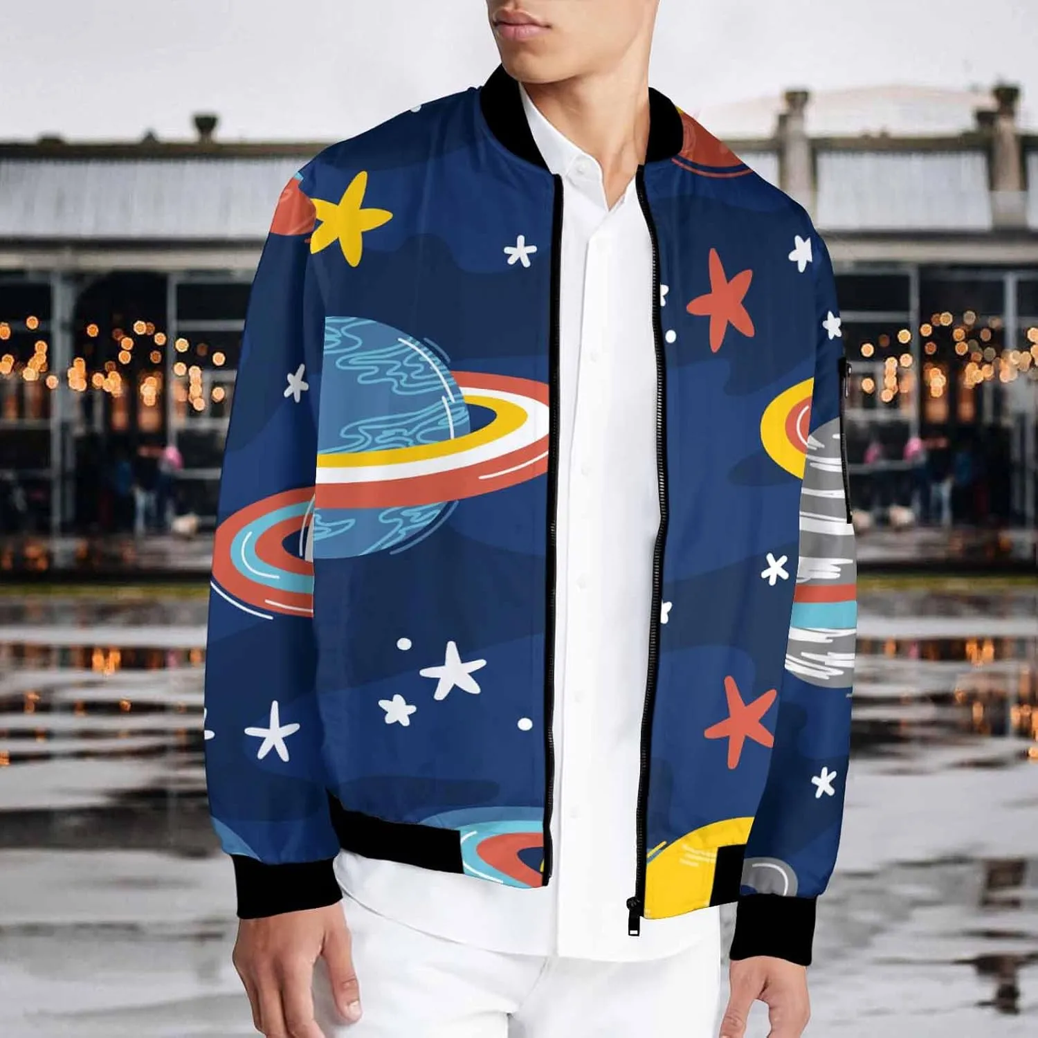 Mens Light Jacket Space Pattern with Planets and Stars Varsity Bomber Jackets for Men Graphic Print Fashion Coats
