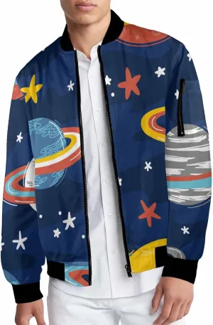 Mens Light Jacket Space Pattern with Planets and Stars Varsity Bomber Jackets for Men Graphic Print Fashion Coats